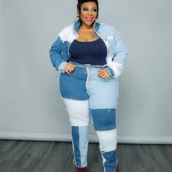 Curvaceous Boutique SETS Patchwork Frayed Denim Set