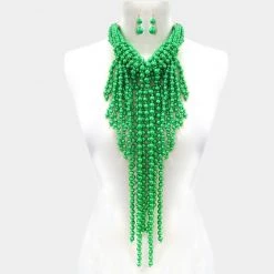 Curvaceous Boutique Green Pearl Layered Fringe Necklace Set NEW