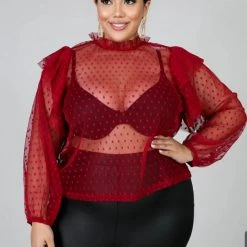 Curvaceous Boutique Burgundy Tulle Polka Dot Top SALE