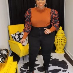 Curvaceous Boutique Rust Print Puff Sleeve Top TOPS