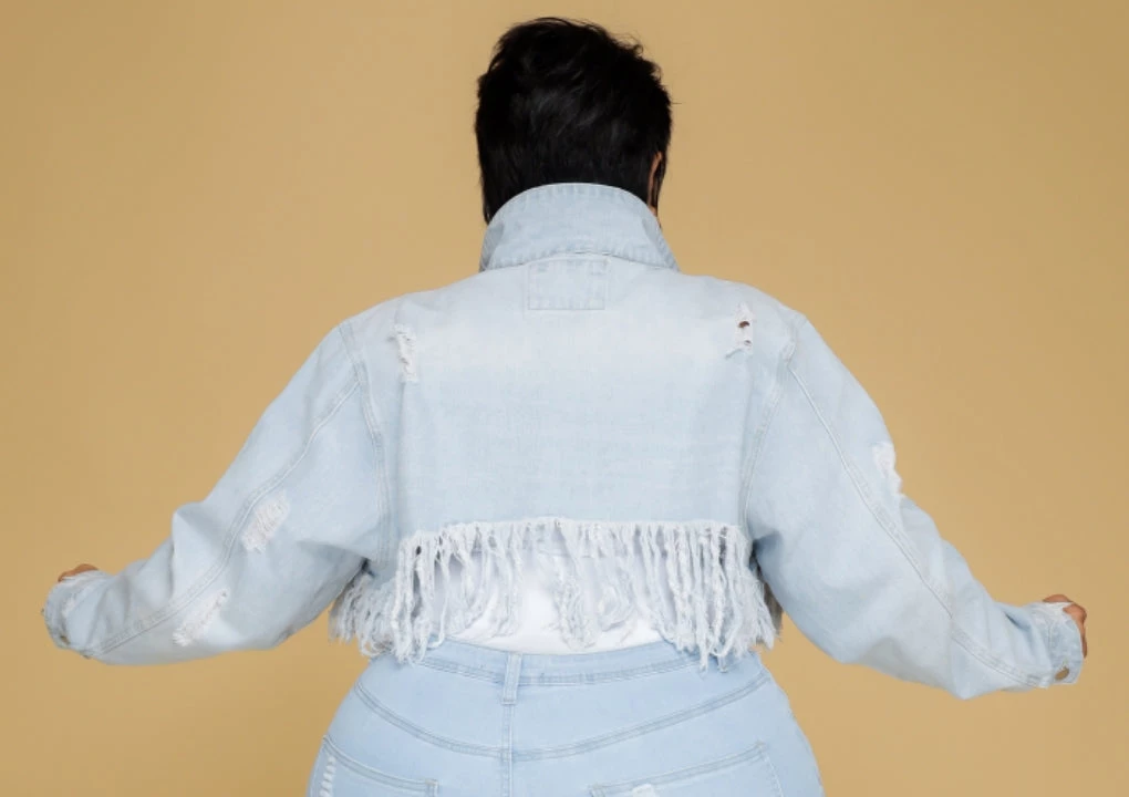 Curvaceous Boutique BLAZERS/VESTS/JACKETS Light Blue Fringe Denim Jacket 4 Curvaceous Boutique BLAZERS/VESTS/JACKETS Light Blue Fringe Denim Jacket