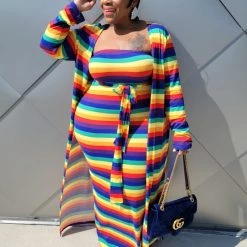 Curvaceous Boutique Rainbow Stripe Duster Set DRESSES
