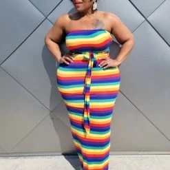 Curvaceous Boutique Rainbow Stripe Duster Set DRESSES