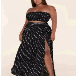 Curvaceous Boutique Black Polka Dot Split Skirt Set