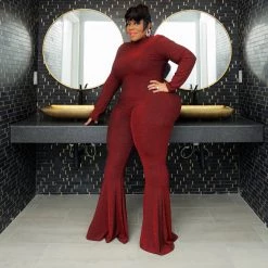 Curvaceous Boutique Red Shimmer Flare Jumpsuit JUMPSUITS