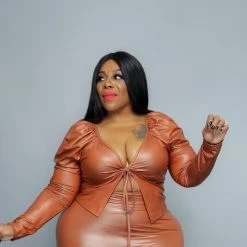 Curvaceous Boutique TOPS Camel Tie Faux Leather Top