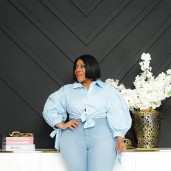 Curvaceous Boutique Blue Bishop Sleeve Shirt NEW