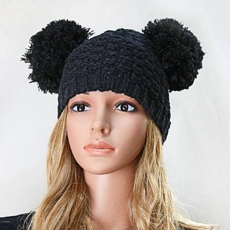 Curvaceous Boutique NEW Black Double Pom Pom Beanie Hat 3 Curvaceous Boutique NEW Black Double Pom Pom Beanie Hat