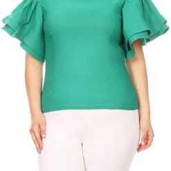 Curvaceous Boutique Green Thea Ruffle Shoulder Top TOPS
