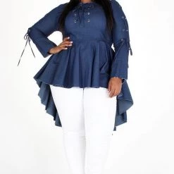 Curvaceous Boutique TOPS Denim Lace-Up Peplum Top