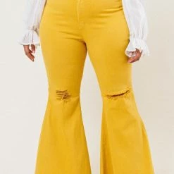 Curvaceous Boutique Mustard Distressed Bell Bottom Jeans NEW 6 Curvaceous Boutique Mustard Distressed Bell Bottom Jeans NEW