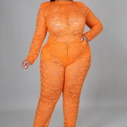 Curvaceous Boutique Orange Lace Me Bodysuit Set