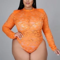 Curvaceous Boutique Orange Lace Me Bodysuit Set
