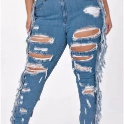 Curvaceous Boutique Blue Side Piece Fringe Jeans